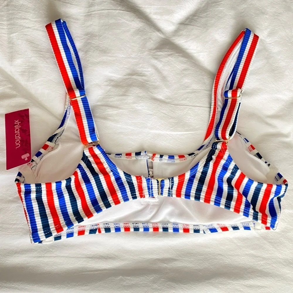 NWT Xhilaration Ribbed Red Blue White Blue Stripe Button Bikini Top Size Medium
